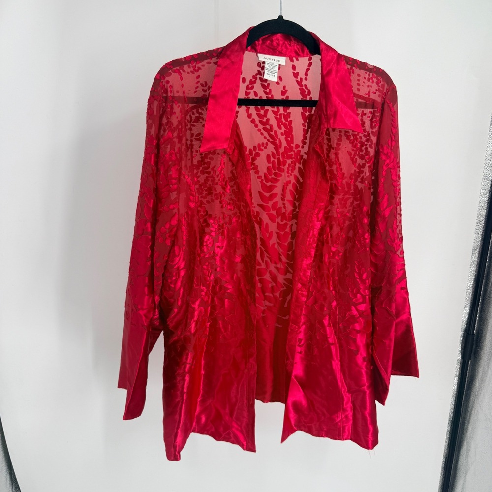 Avenue Red Burnout Velvet Silk Blend Sheer Button Down Blouse Plus 22/24 Bold 3x